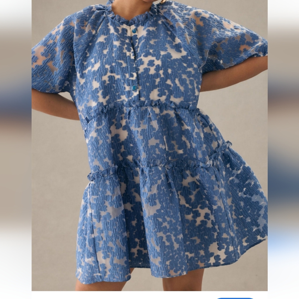 ANTHROPOLOGIE MAEVE JACQUARD TIERED  DRESS BLUE